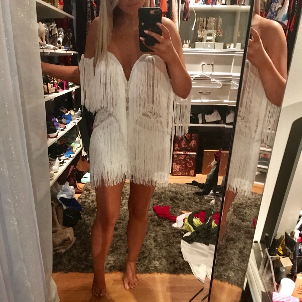 White off shoulder fringe dress - party dress